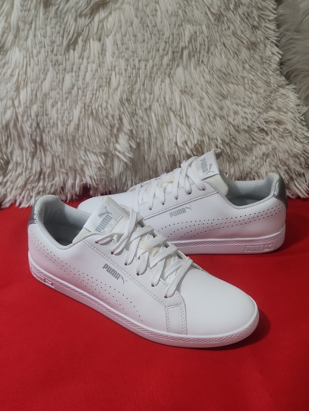 Puma Smash Perforated White Low-Top Leather Sneakers with Gray Accents